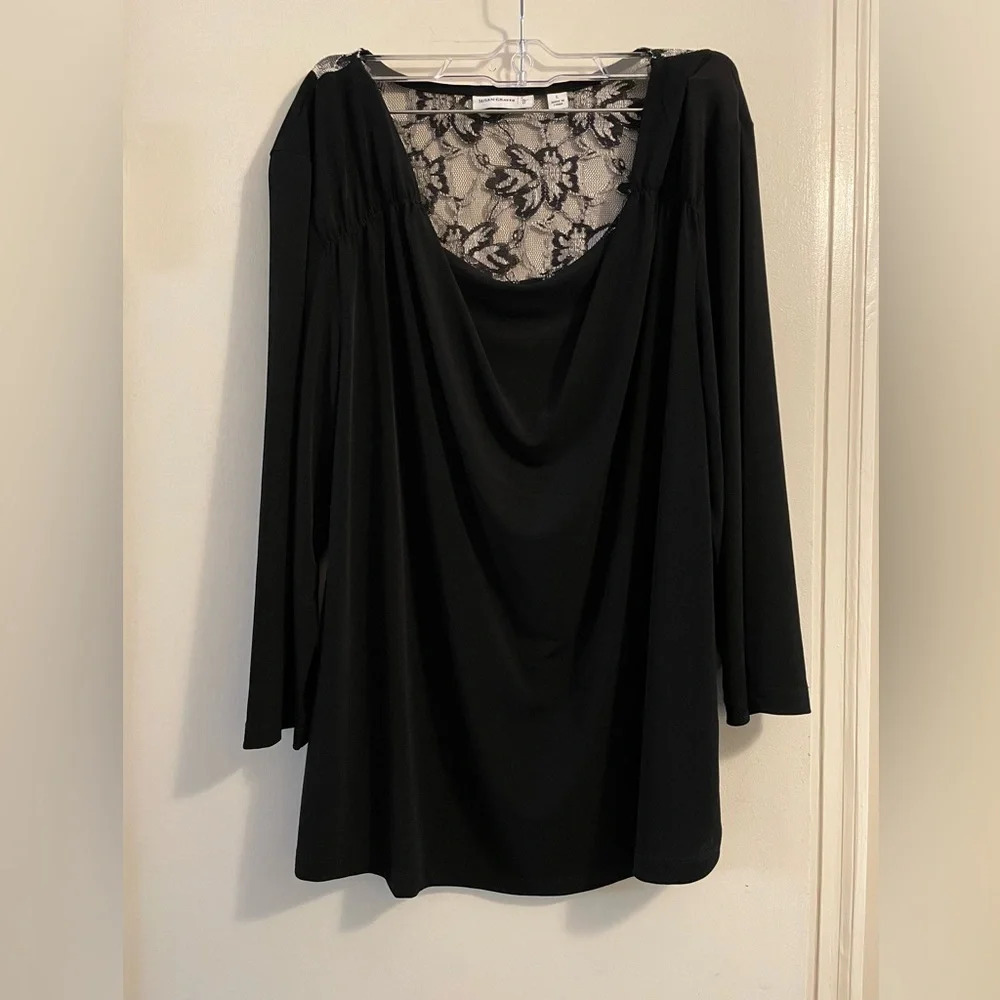 Susan Graver Black Pleated Cowl Neck Back Lace Panel Blouse Top 3/4 Sleeve Large